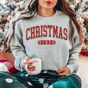 Boutique Christmas Vibes Grey Holiday Crewneck Cozy Festive Fleece Sweatshirt